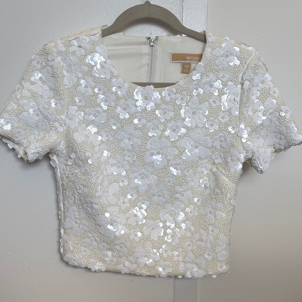 MICHAEL Michael Kors Ivory Sequin Floral Crop Top